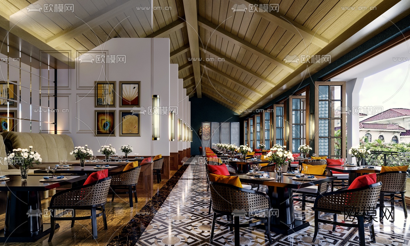 东南亚度假酒店餐厅3d模型下载（渲染图1）