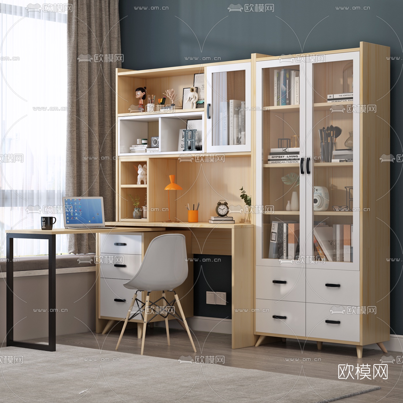 北欧一体式书桌椅书柜3d模型下载（渲染图1）