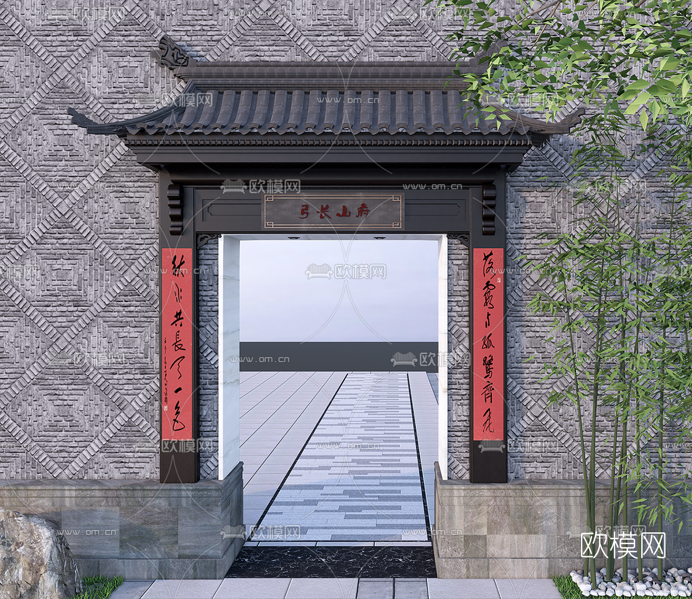 中式围墙院门su模型下载（渲染图1）