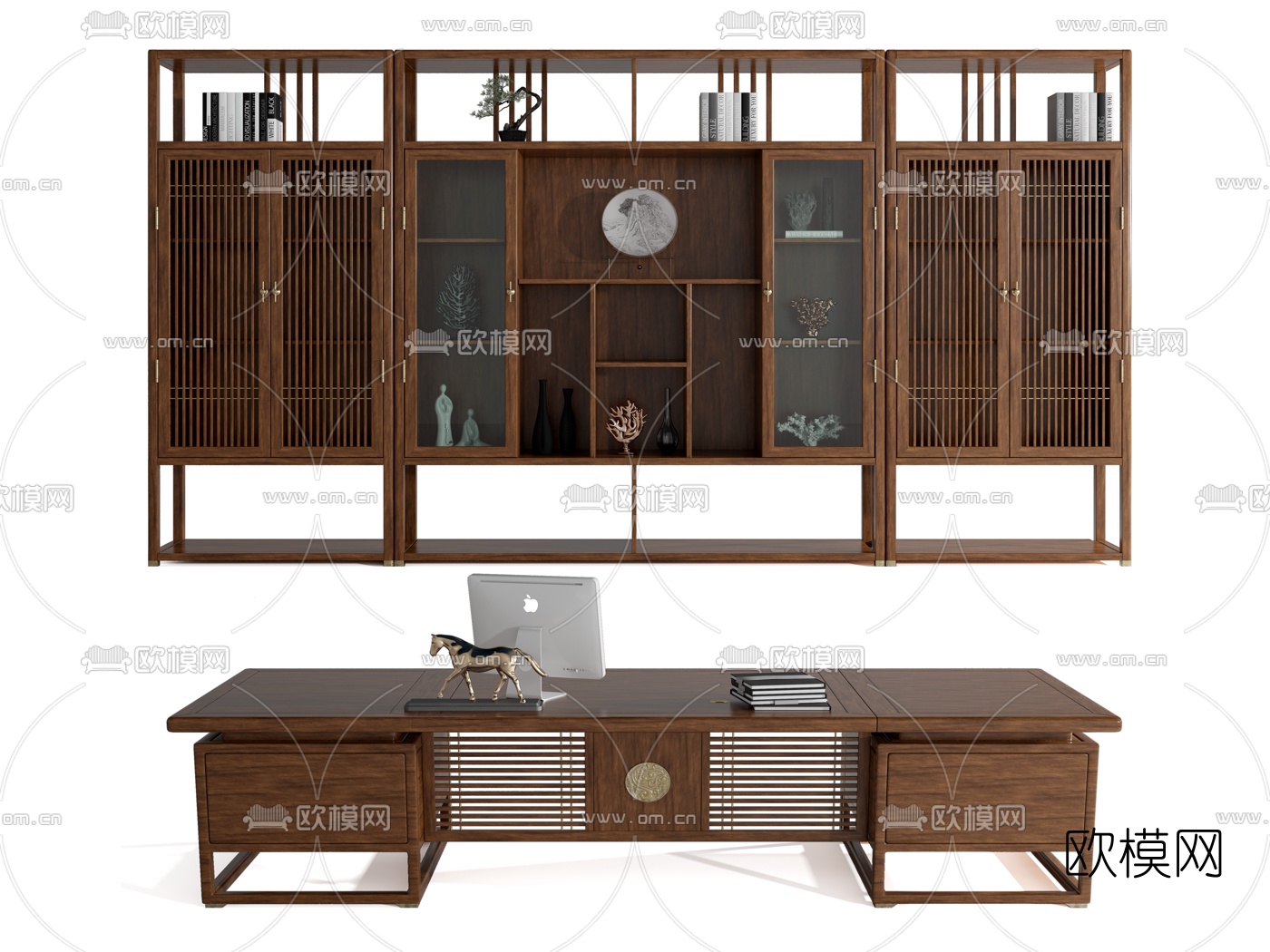 新中式实木博古架装饰柜书桌3d模型下载（渲染图1）
