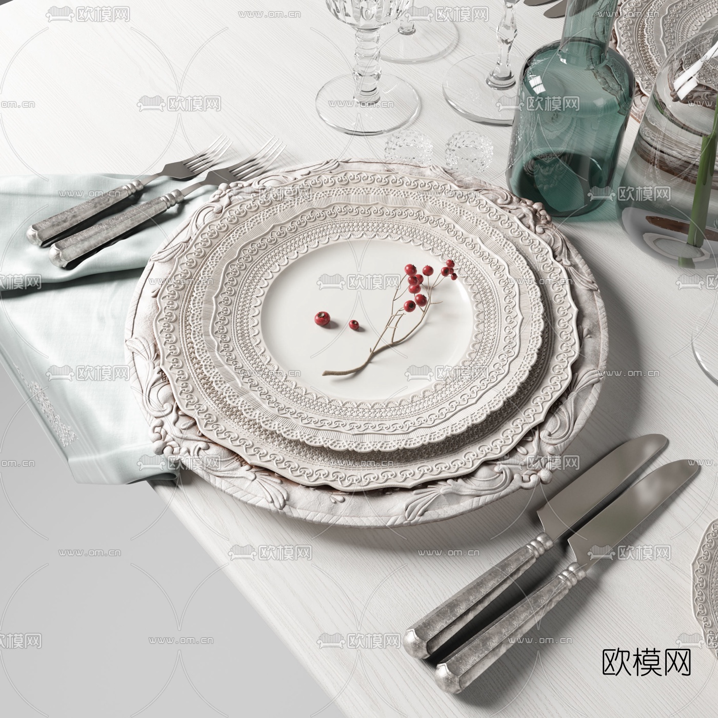 现代西餐杯碟餐具3d模型下载（渲染图3）