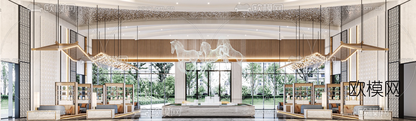 新中式售楼处沙盘区3d模型下载（渲染图2）