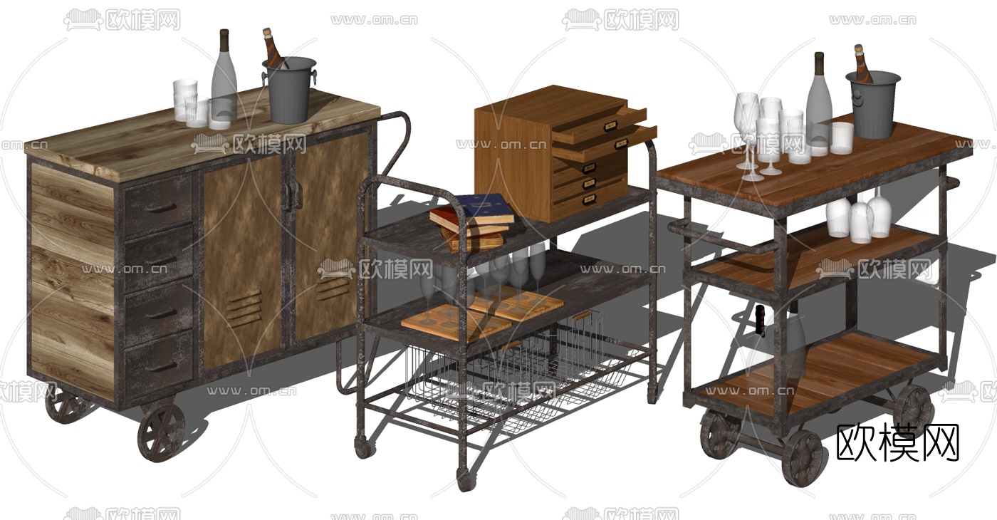 工业风餐边柜餐车手推车su模型下载