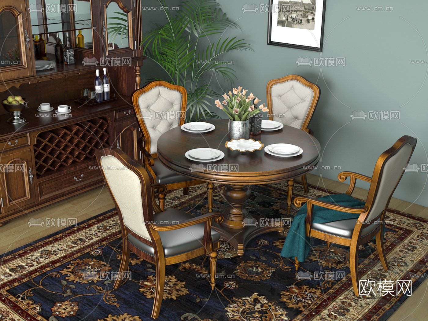 美式圆形餐桌椅3d模型下载（渲染图2）