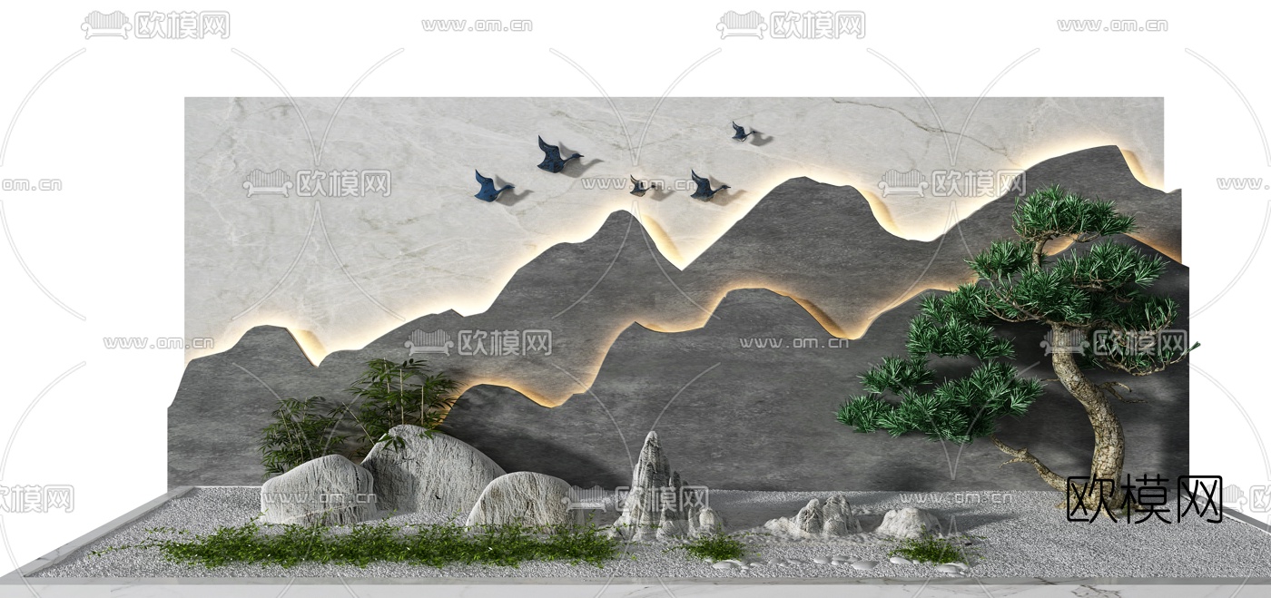 新中式假山松树景观小品3d模型