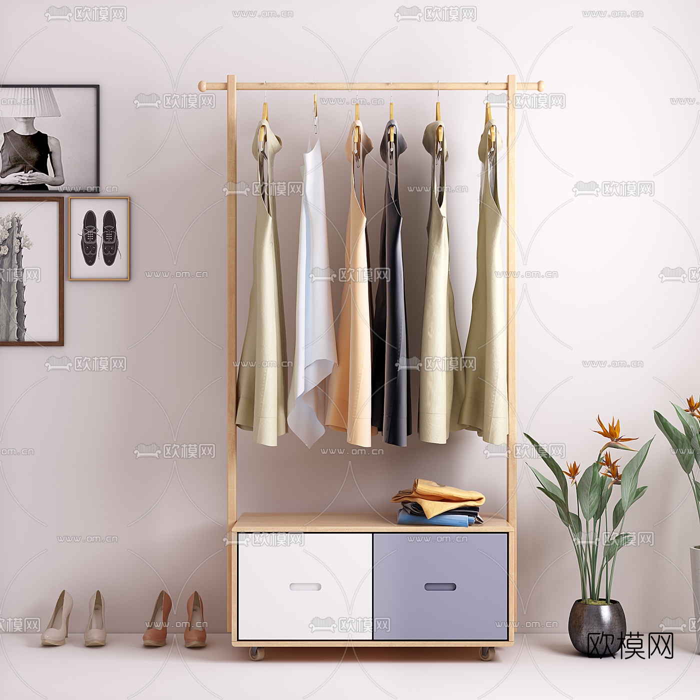 北欧移动衣架鞋柜3d模型下载（渲染图1）