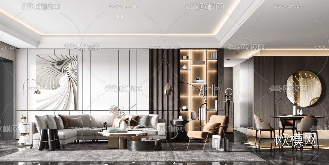 现代布艺转角沙发组合3d模型下载（渲染图1）