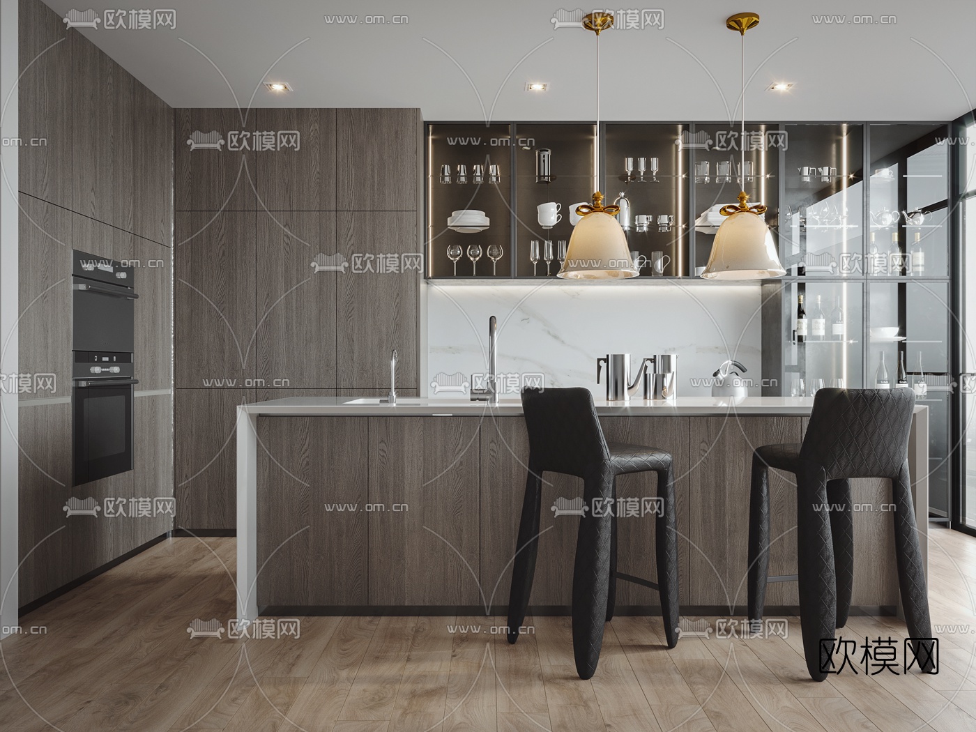 现代厨房中岛柜吧台椅3d模型下载（渲染图2）