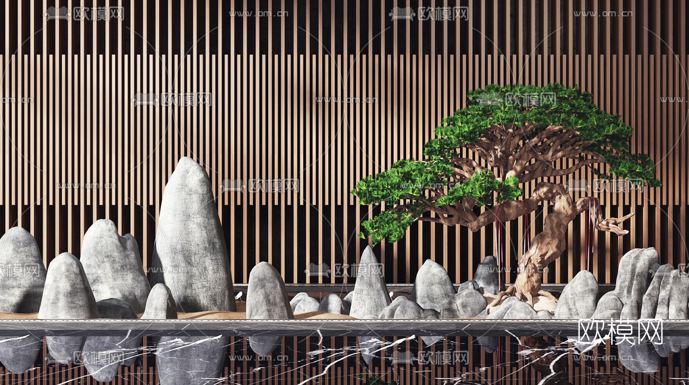 新中式松树山石景观小品3d模型下载（渲染图2）