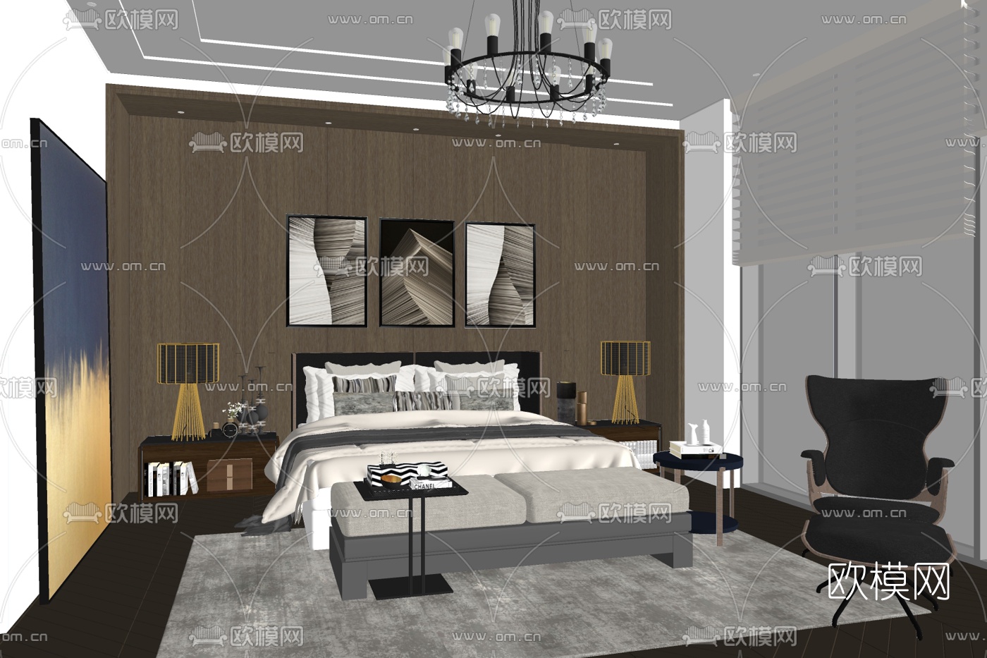 现代布艺双人床su模型下载