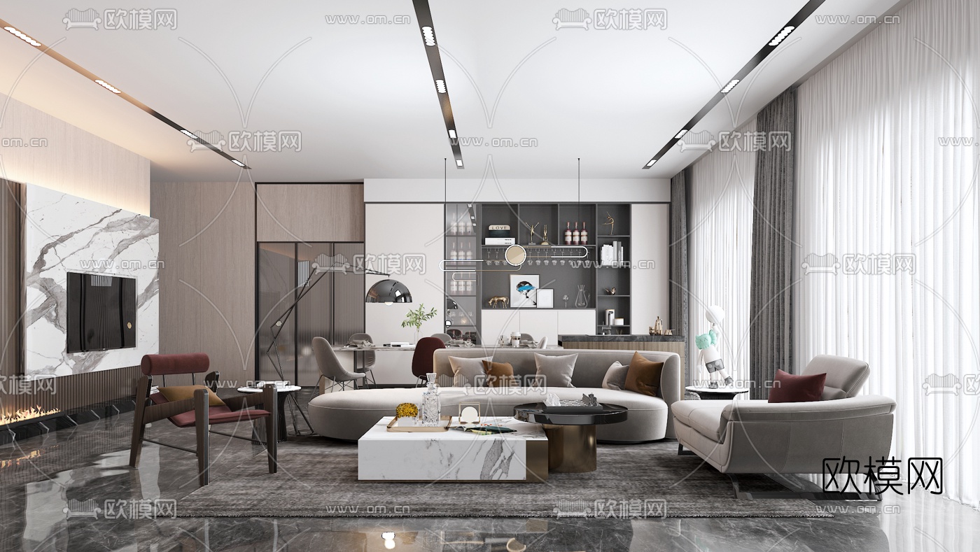 现代客厅餐厅3d模型下载（渲染图1）