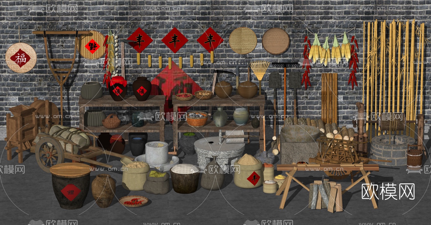 中式农家乐农具su模型下载（渲染图2）