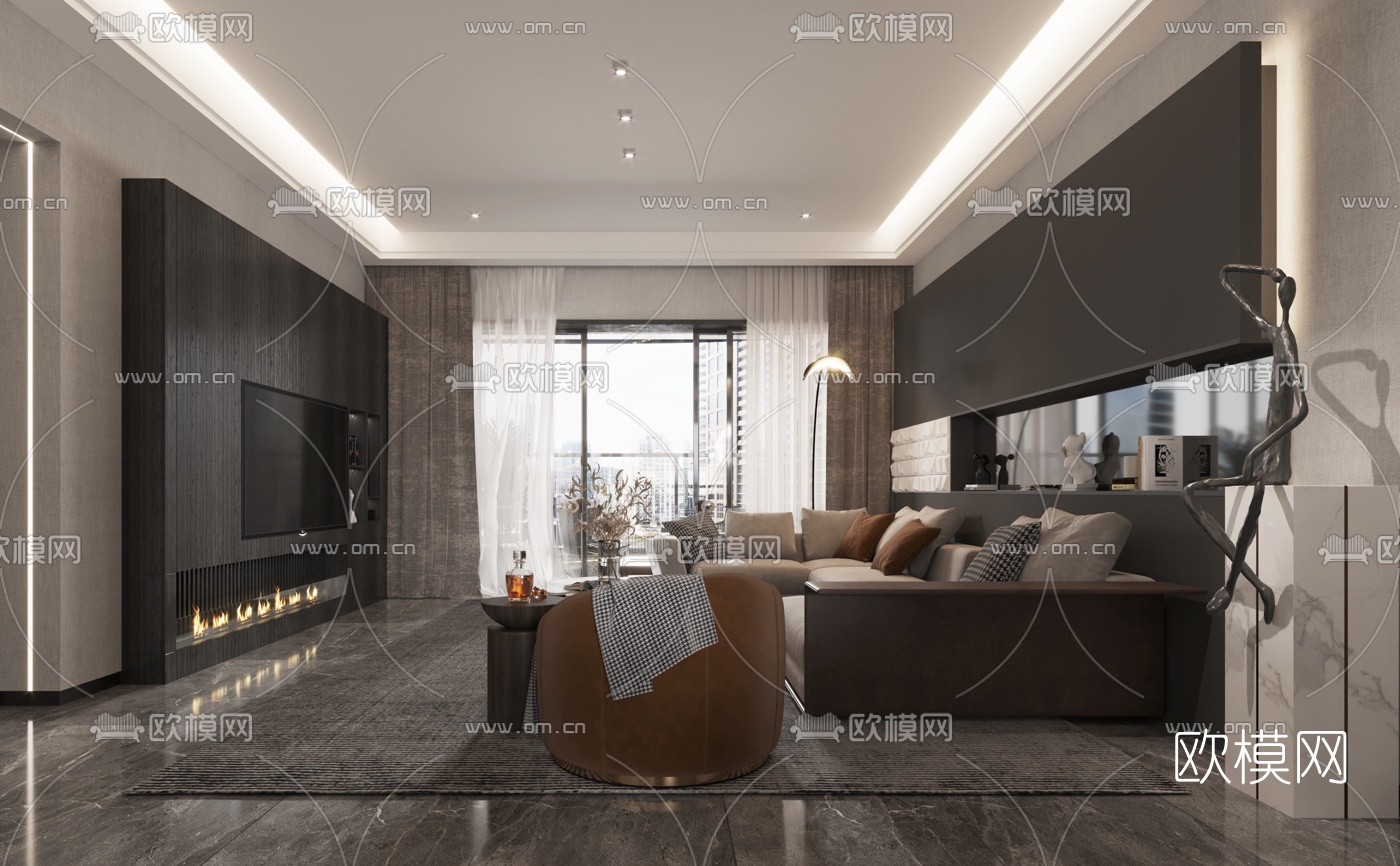 现代高级灰客厅餐厅3d模型下载（渲染图3）