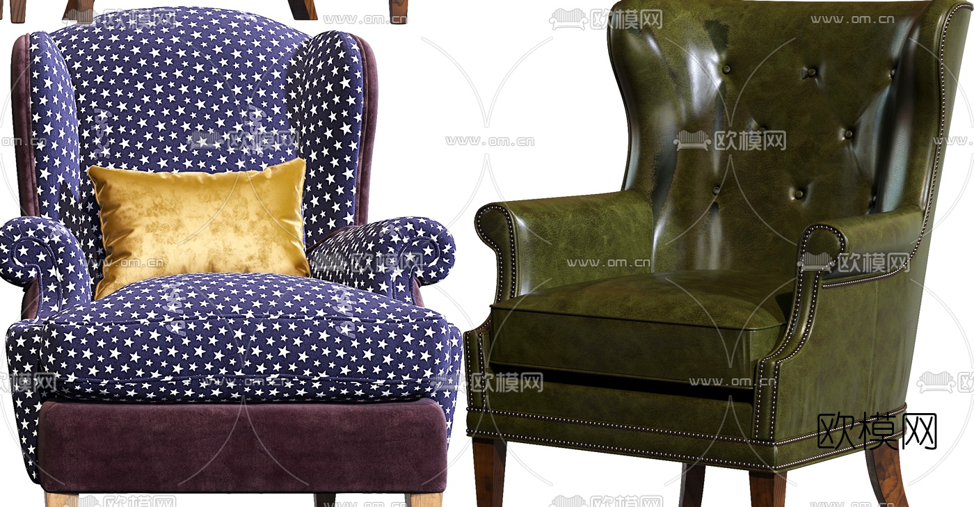 美式布艺皮革休闲沙发3d模型下载（渲染图2）