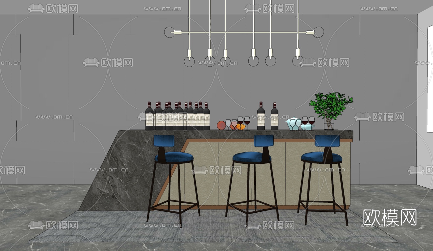 现代大理石吧台吧椅su模型下载（渲染图2）