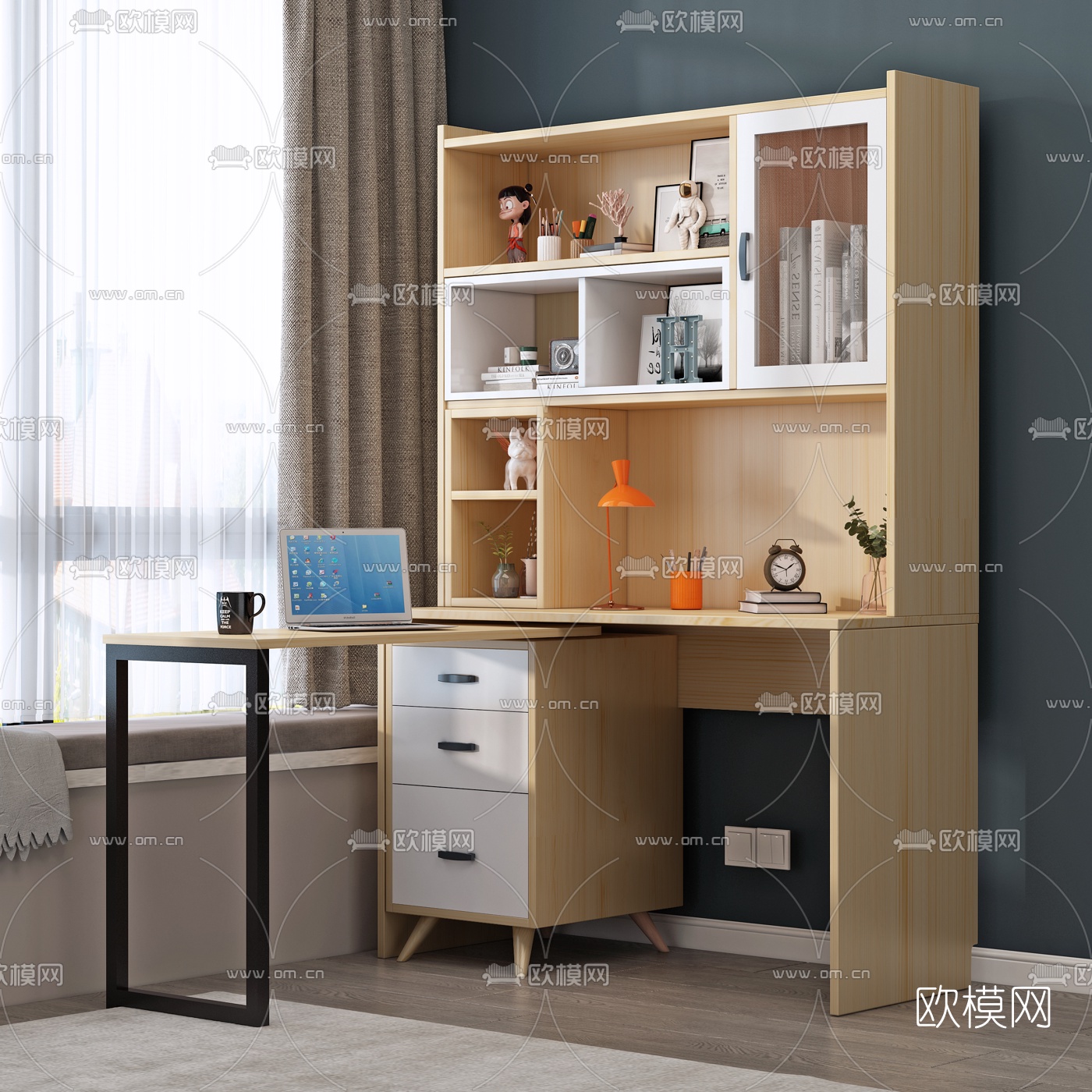 北欧一体式书桌椅书柜3d模型下载（渲染图2）