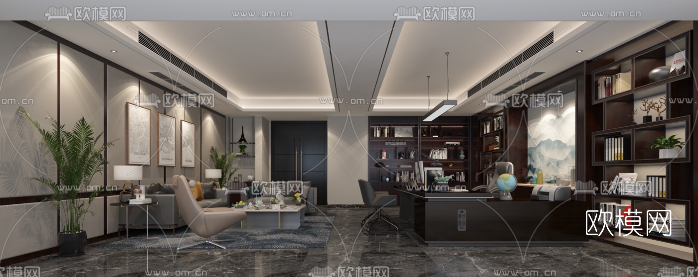 现代轻奢总经理室免费3d模型下载