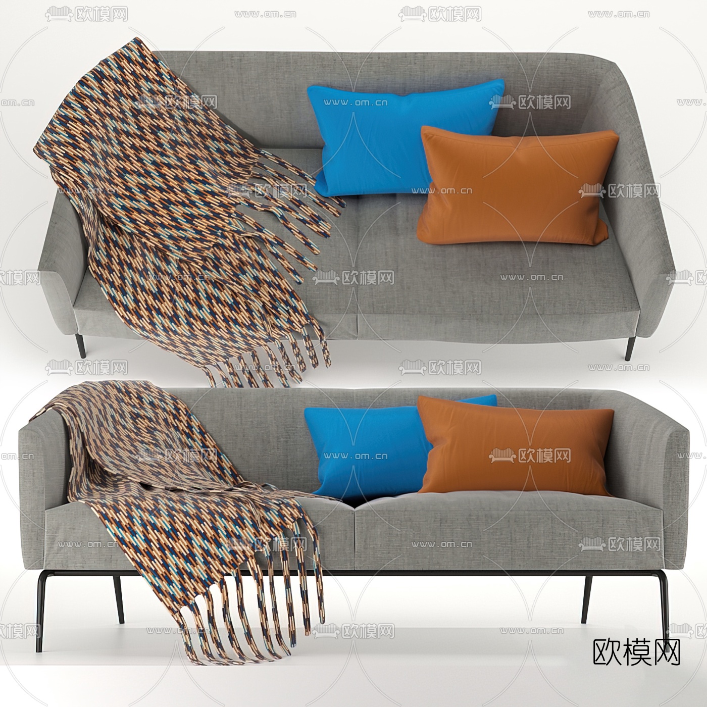 现代布艺皮革双人沙发3d模型下载（渲染图1）