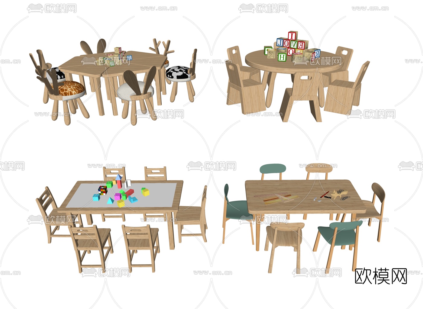 北欧幼儿园儿童桌椅su模型下载