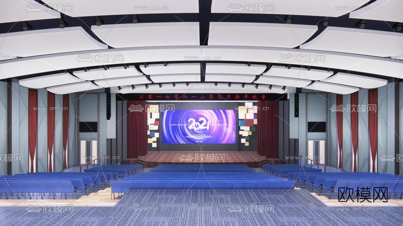 现代学校礼堂su模型下载（渲染图1）