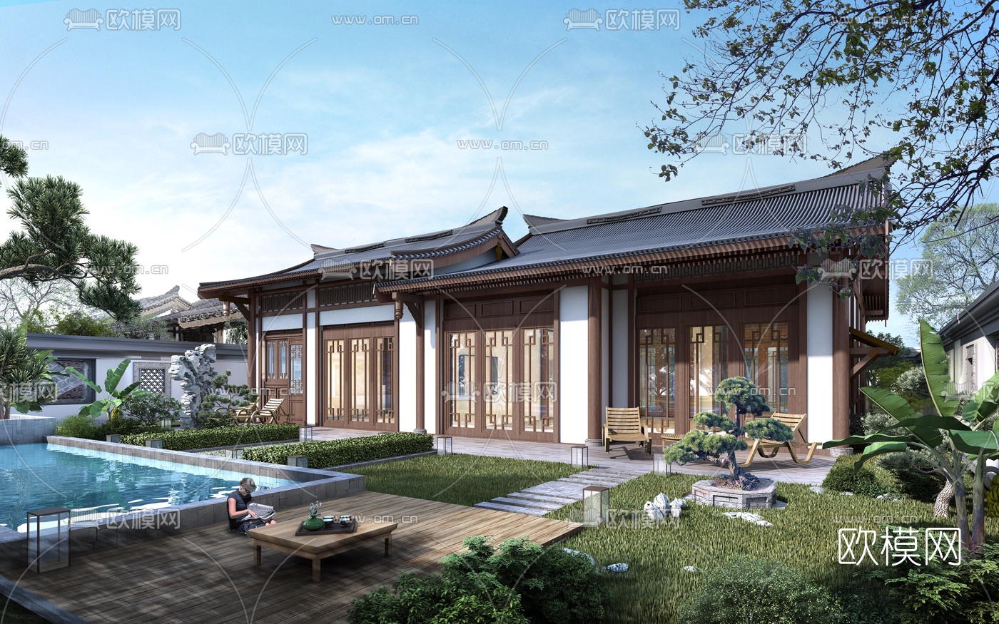 中式古建别墅庭院3d模型下载