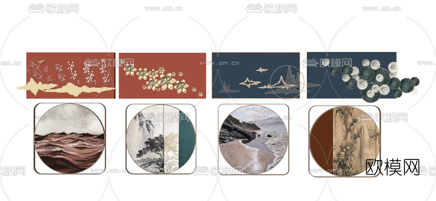 新中式轻奢墙饰挂件su模型下载