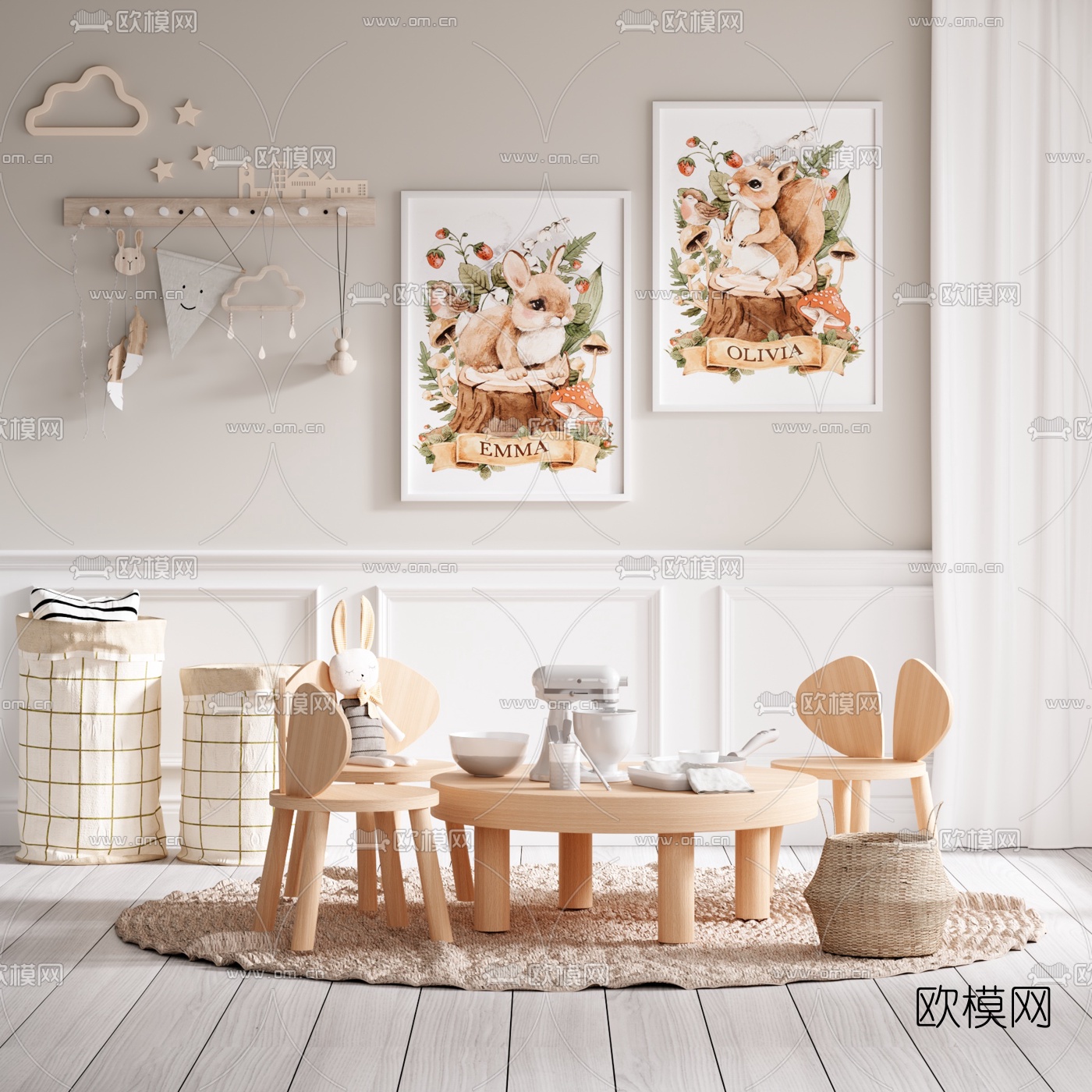 北欧原木儿童桌椅3d模型下载