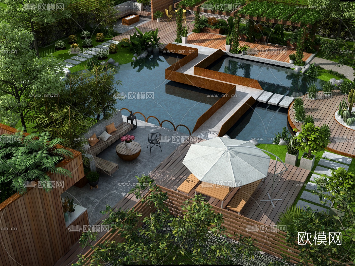 现代庭院花园鸟瞰3d模型下载_ID10022722_3dmax免费模型-欧模网