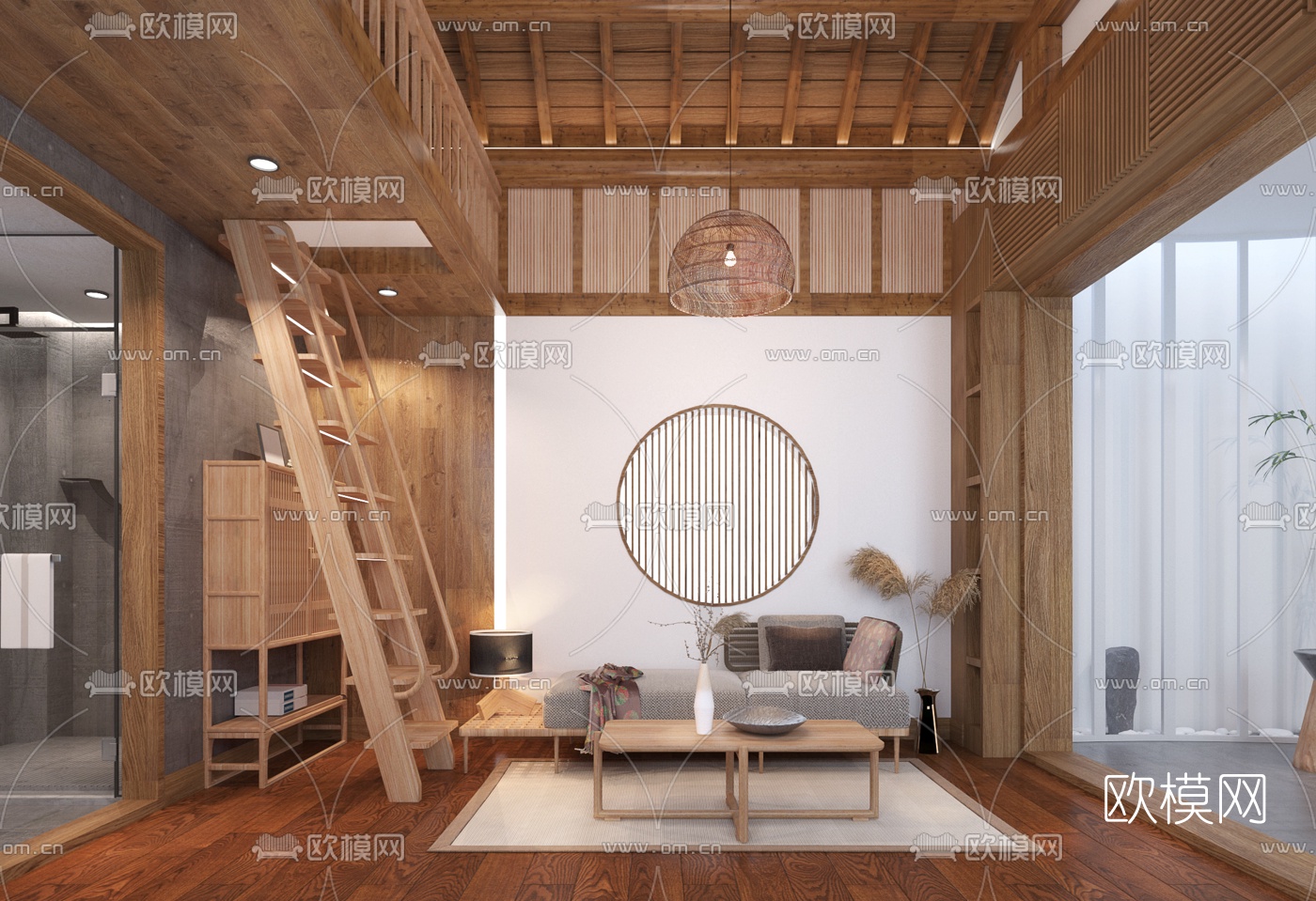 现代民宿起居室书房3d模型