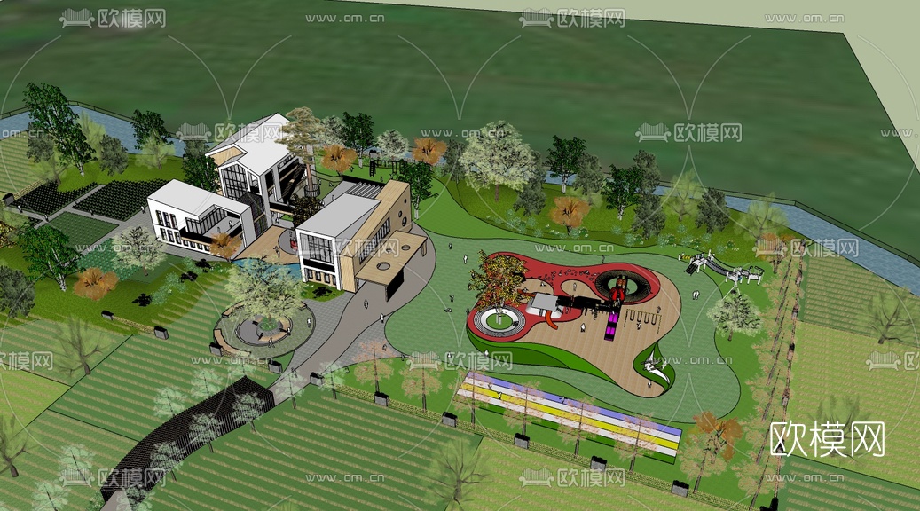 现代幼儿园建筑外观su模型下载（渲染图2）
