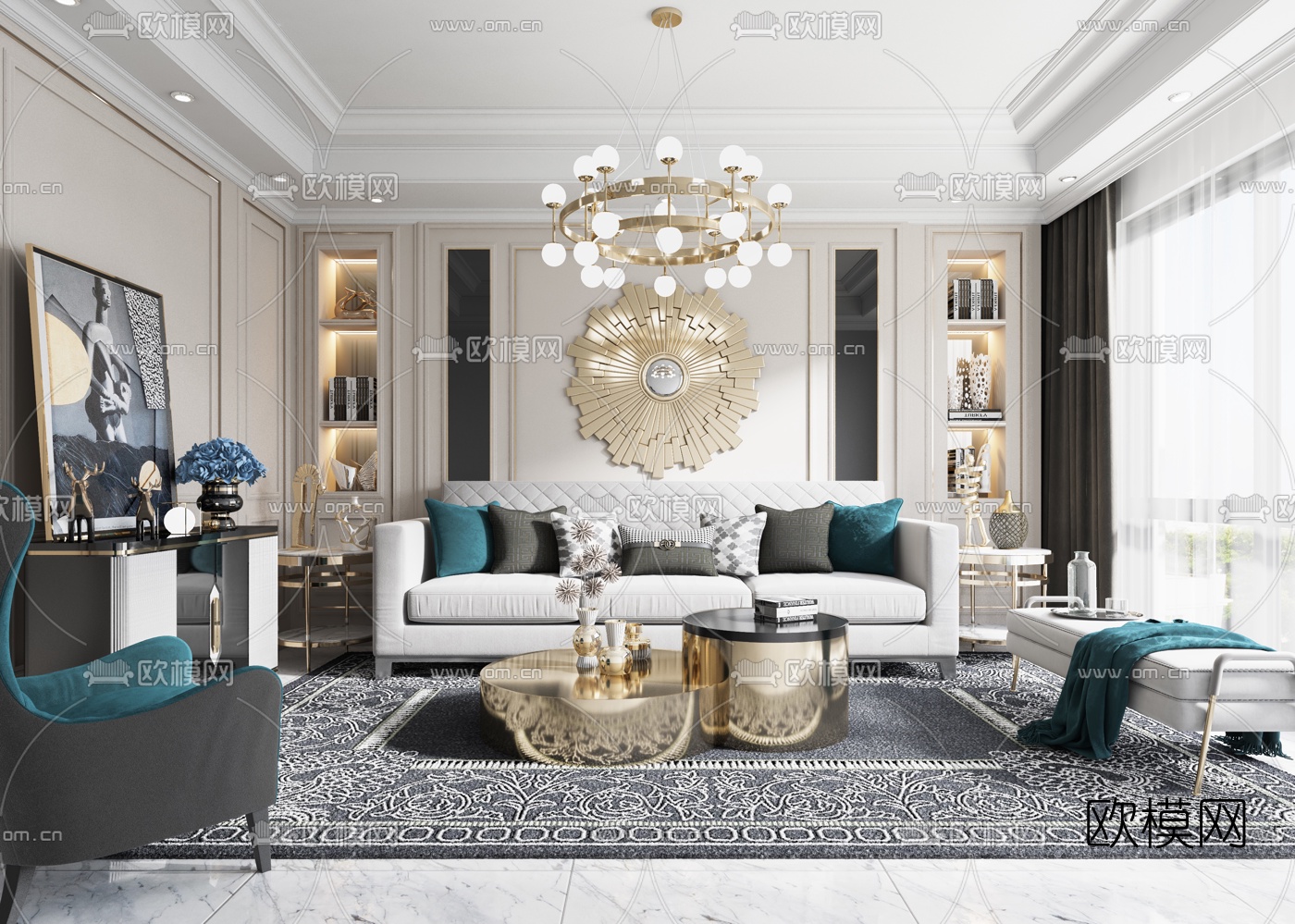 简美布艺沙发组合3d模型下载