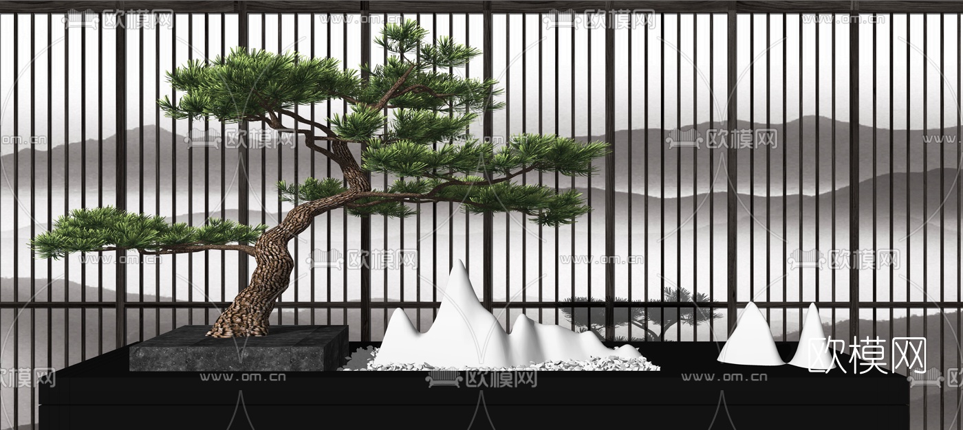 新中式松树假山景观小品su模型