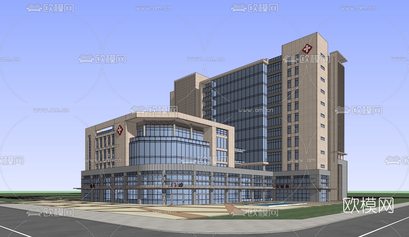 现代医院鸟瞰su模型下载（渲染图2）