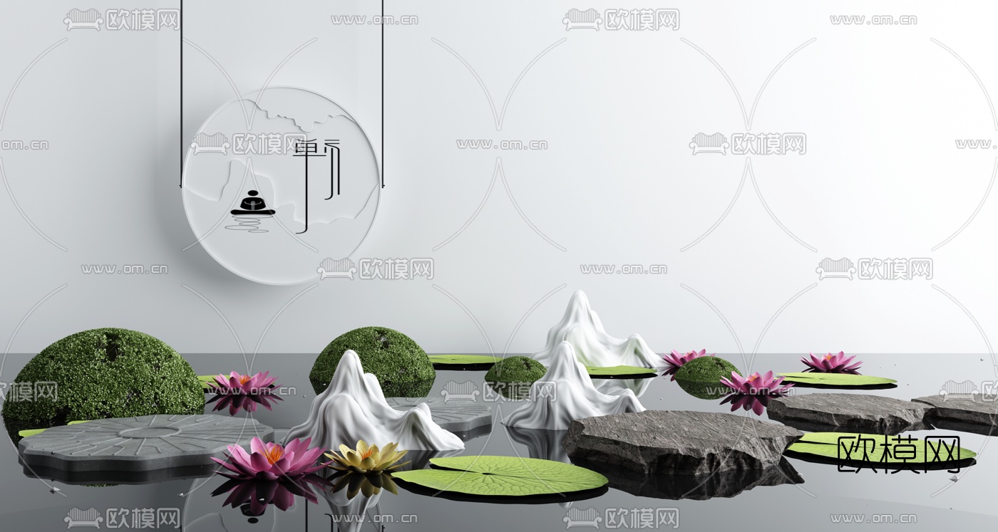 新中式荷花荷叶水景小品3d模型下载