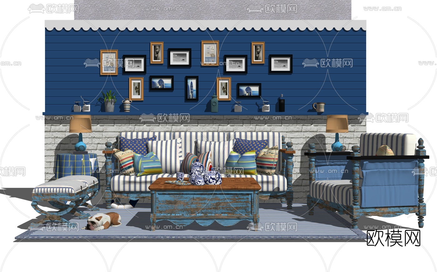 工业风布艺沙发组合su模型下载（渲染图1）