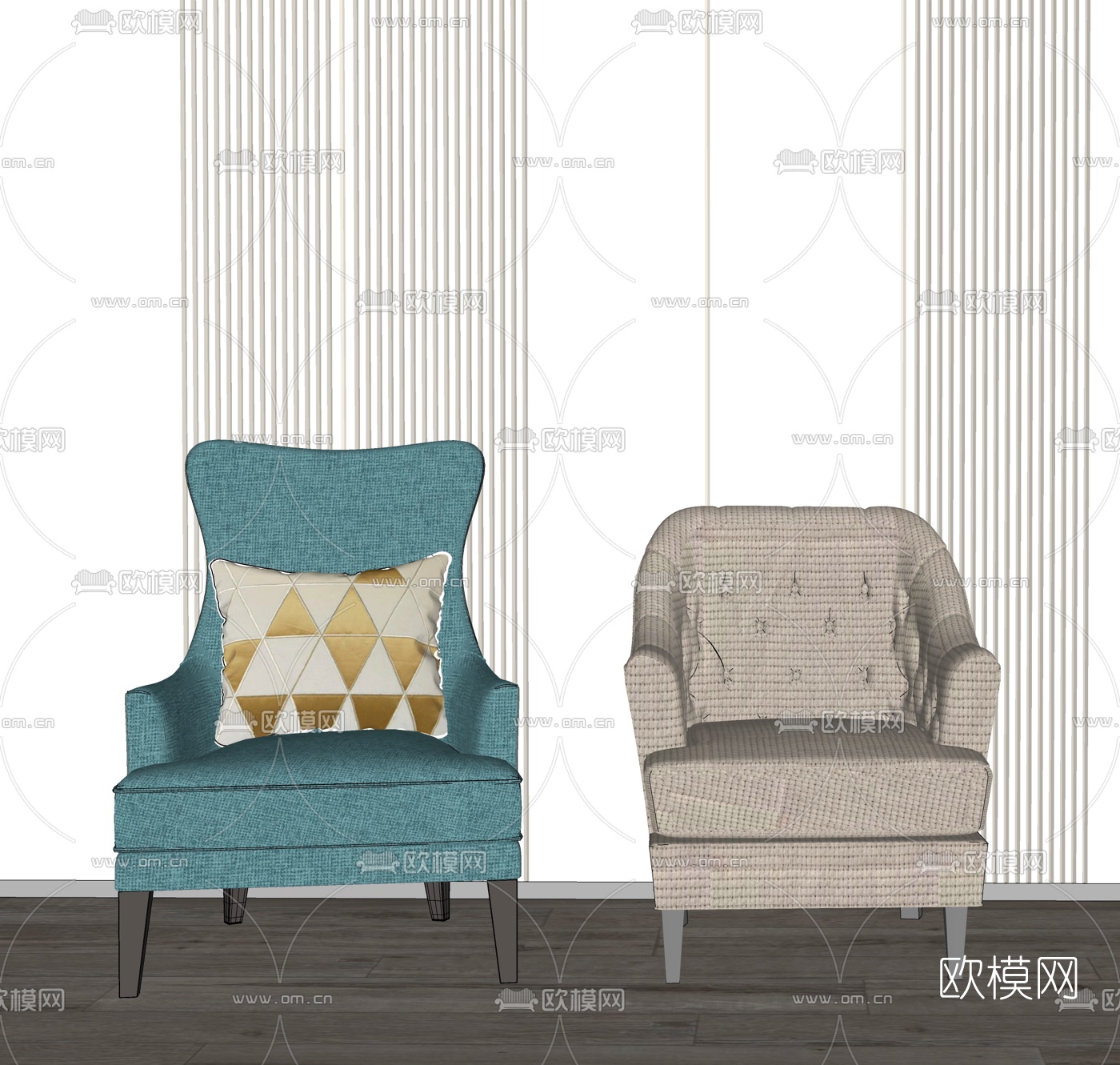 美式布艺单人沙发su模型下载（渲染图2）