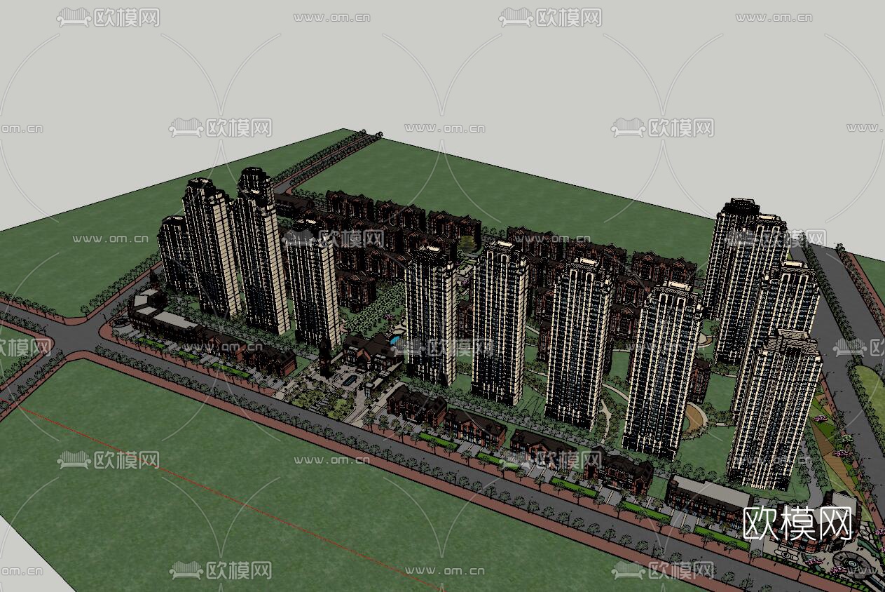 欧式高层住宅鸟瞰规划su模型下载（渲染图1）