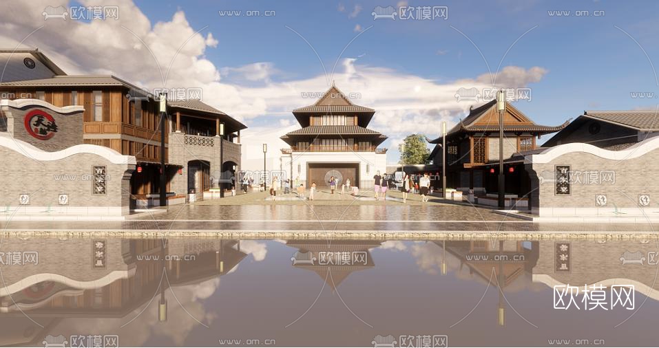 中式风情商业街su模型下载（渲染图1）