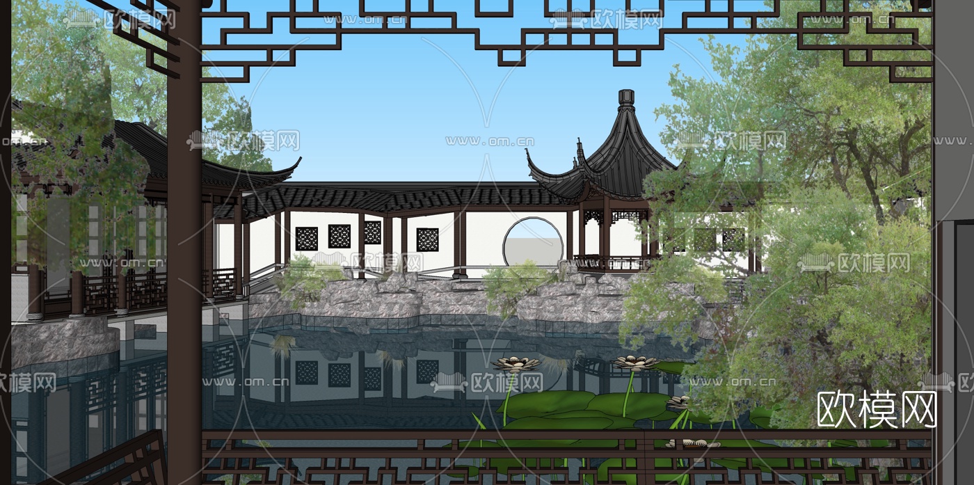 中式别墅庭院景观su模型下载（渲染图3）