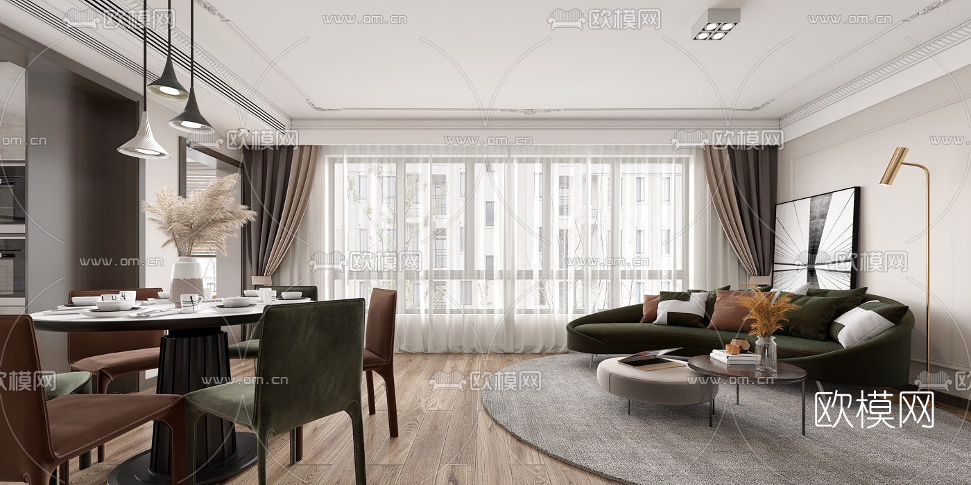 简欧简约客厅餐厅3d模型下载（渲染图1）