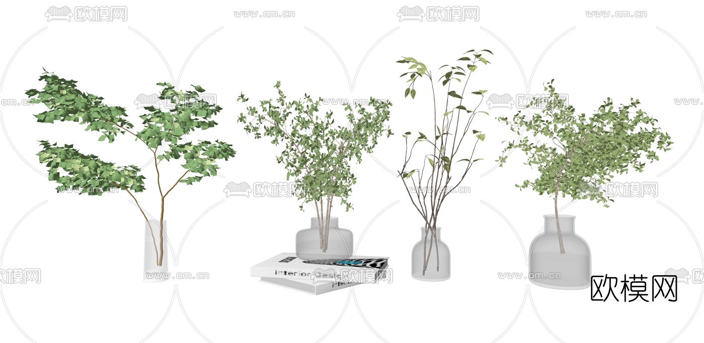现代绿植花瓶书籍摆件su模型