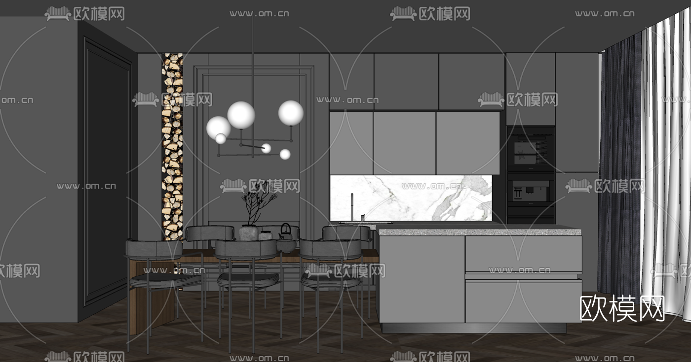 现代开放式厨房餐厅su模型下载（渲染图2）