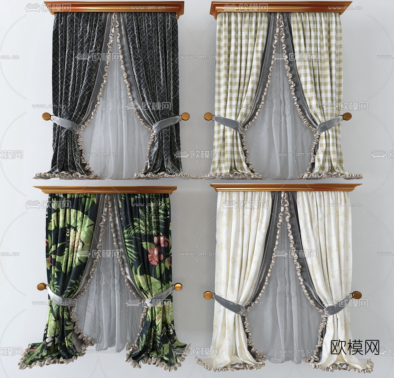 美式布艺窗帘3d模型下载