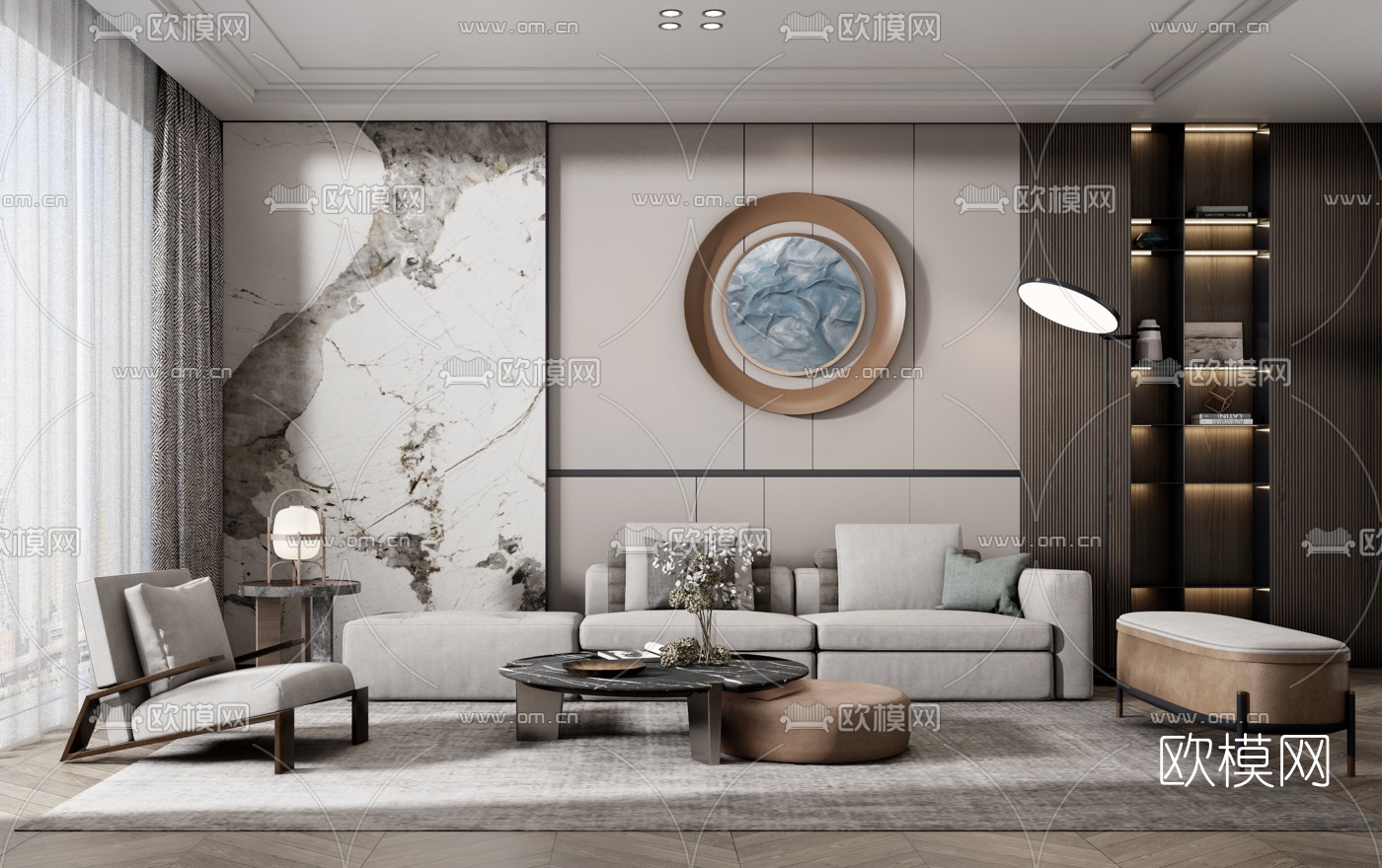 现代客厅su模型下载（渲染图1）