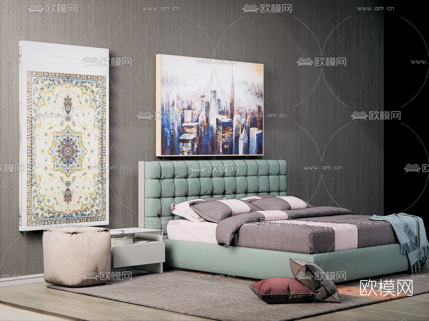 简欧EN材质双人床su模型下载（渲染图2）