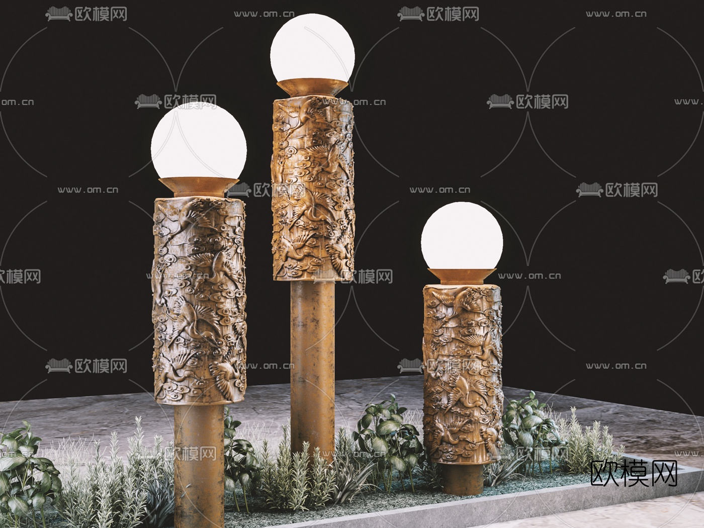 新中式纯铜浮雕草坪灯3d模型下载（渲染图1）