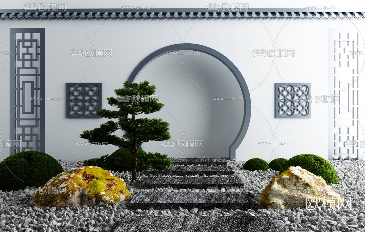 新中式月亮门迎客松景观小品3d模型下载