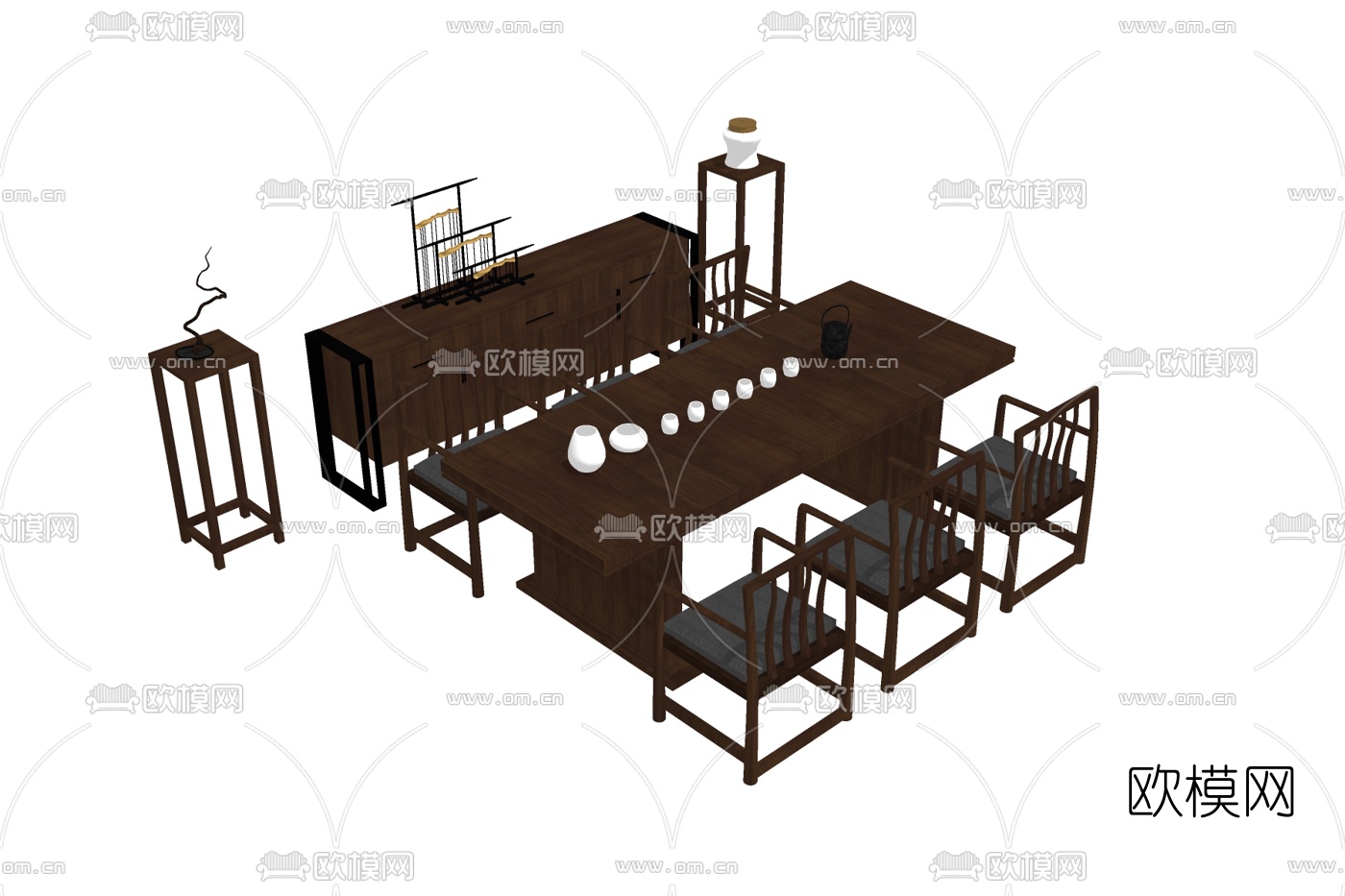 新中式茶桌椅su模型下载
