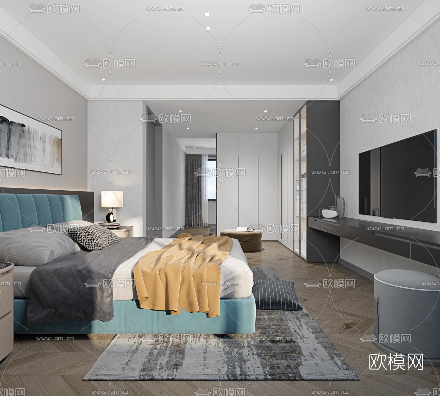 现代公寓卧室书房卫生间3d模型下载（渲染图1）