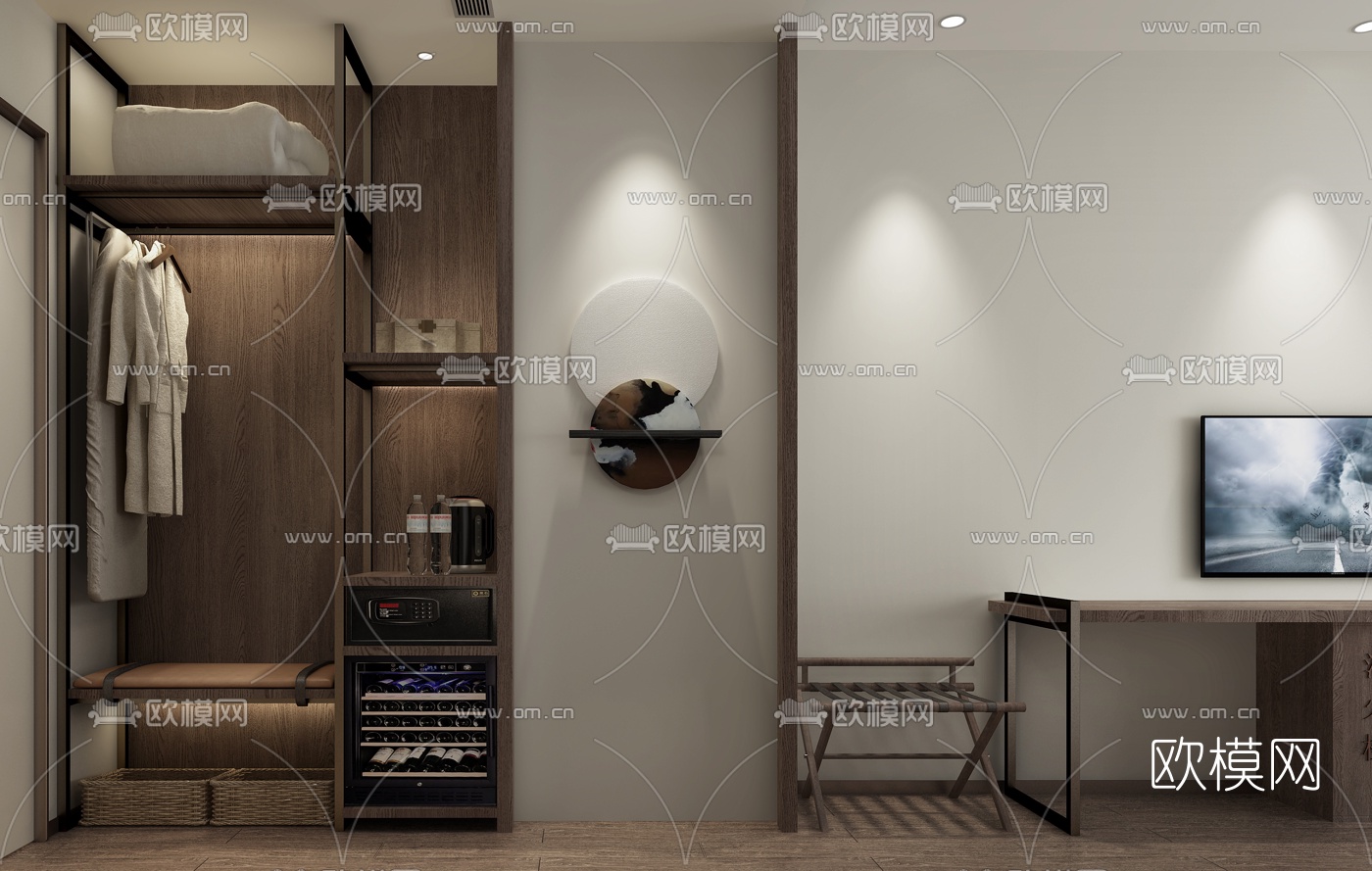 新中式酒店客房双人间免费3d模型下载（渲染图2）